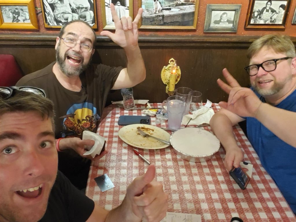 Gettting dinner at Buca di Beppo for the two best helpers and friends during Gen Con 2024. Thank you for everything